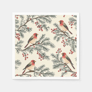 Vintage Red Cardinal Pine Berry Cream Christmas Napkin