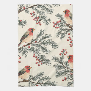 Vintage Red Cardinal Pine Berry Cream Christmas Tea Towel
