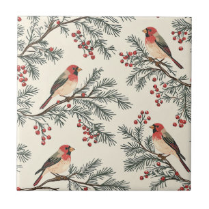 Vintage Red Cardinal Pine Berry Cream Christmas Tile