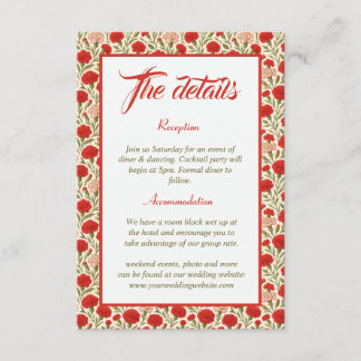 Vintage Red Carnation Flowers Wedding Details Enclosure Card