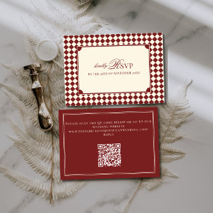Vintage Red Checkered Old Money QR Code Wedding RSVP Card