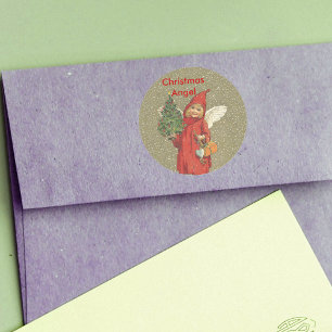 Vintage Red Christmas Angel Tree Classic Round Sticker
