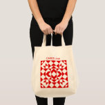 Vintage Red Christmas Geometric Quilt Personalised Tote Bag<br><div class="desc">Tote your things in style with this simple yet elegant tote bag, featuring a classic red and white quilt block design. Personalise it with your name for a unique touch. Perfect for quilters and quilt lovers, this tote makes a great festive Christmas gift, combining functionality with a charming holiday aesthetic....</div>