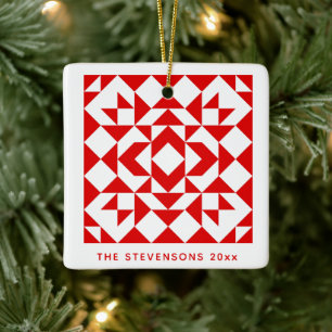 Vintage Red Christmas Geometric Quilt Personalized Ceramic Ornament