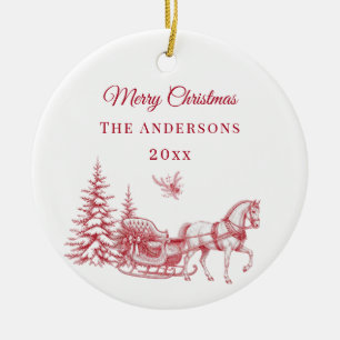 Vintage Red Christmas Toile Horse Sleigh Ceramic Tree Decoration