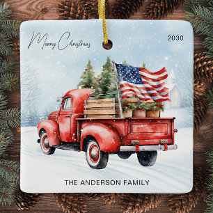Vintage Red Christmas Truck Farmhouse USA Flag Ceramic Ornament