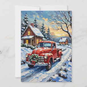 Vintage Red Christmas Truck on Snowy Country Road Holiday Card