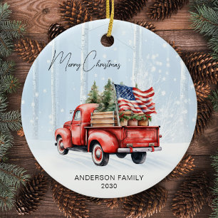 Vintage Red Christmas Truck Personalised USA Flag Ceramic Tree Decoration