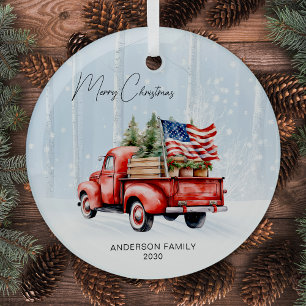 Vintage Red Christmas Truck Personalised USA Flag Glass Tree Decoration
