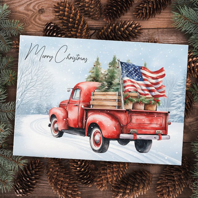Vintage Red Christmas Truck USA Flag Patriotic Card (Creator Uploaded)