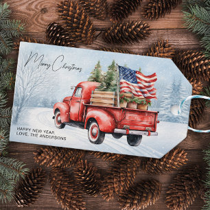 Vintage Red Christmas Truck USA Flag Patriotic Gift Tags