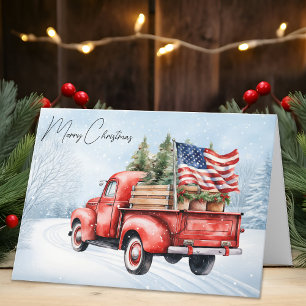 Vintage Red Christmas Truck USA Flag Patriotic Holiday Card