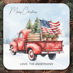 Vintage Red Christmas Truck USA Flag Patriotic Square Sticker