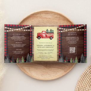 Vintage Red Christmas Truck Wood QR Code Wedding Tri-Fold Invitation
