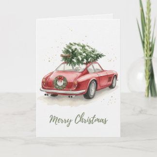 Vintage Red Classic Car with Christmas Tree Card