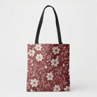 Vintage Red Cottage Botanical Floral Pattern Tote Bag