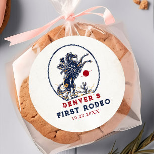 Vintage Red Cowboy First Rodeo Birthday Classic Round Sticker