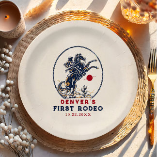 Vintage Red Cowboy First Rodeo Birthday Paper Plate
