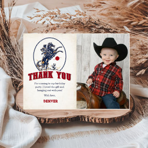 Vintage Red Cowboy Rodeo Birthday Photo Thank You Card