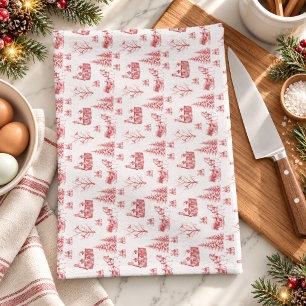 Vintage Red Cream Christmas Toile Horse Sleigh Tea Towel