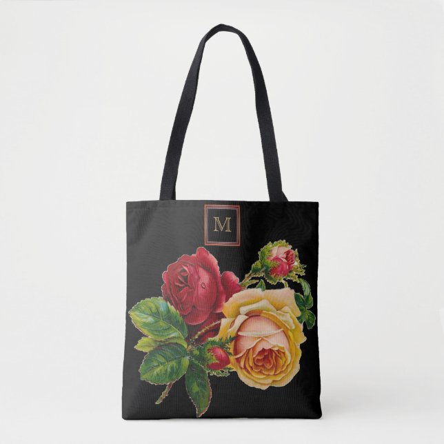 Vintage Red & Cream Rose with Monogram Tote Bag (Front)
