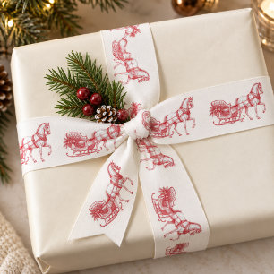 Vintage Red Cream Toile Horse Sleigh Christmas Satin Ribbon