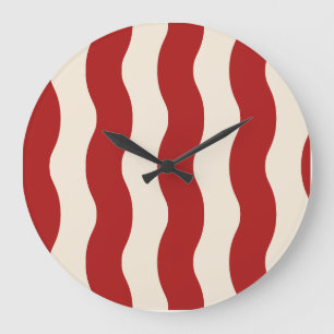Vintage Red Cream Wavy Stripes Retro Carnival Large Clock