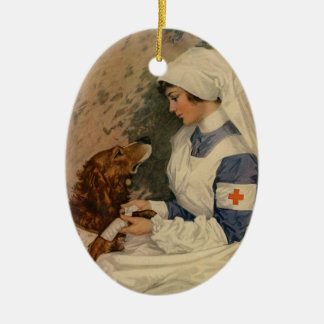 Vintage Red Cross Nurse with Golden Retriever Ceramic Tree Decoration