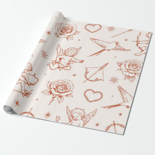 Vintage Red Cupid and Rose Romantic Wrapping Paper