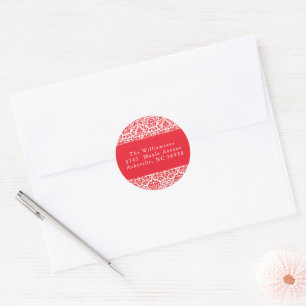Vintage Red Damask Custom Christmas Return Address Classic Round Sticker
