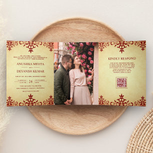 Vintage Red Damask Ethnic QR Code Indian Wedding Tri-Fold Invitation