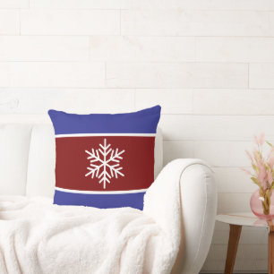 Vintage Red Deep Blue White Stripes Snowflake Cushion