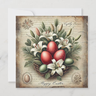 Vintage red Easter eggs lily flowers retro Holiday Card