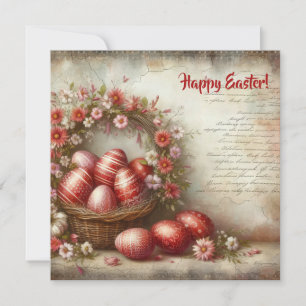 Vintage red Easter eggs watercolor spring flowers Holiday Card