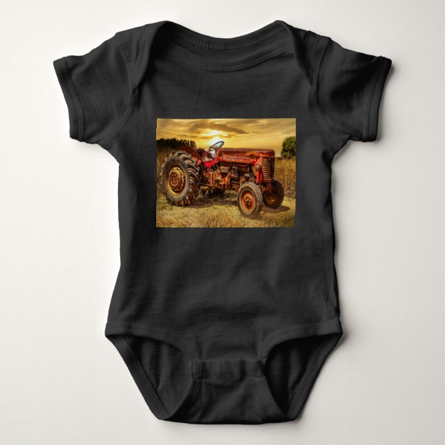 Vintage Red Farm Tractor Baby Bodysuit (Front)
