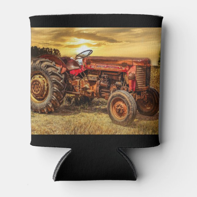 Vintage Red Farm Tractor Can Cooler (Front)