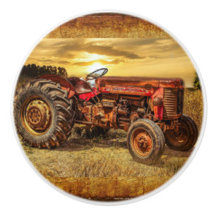 Vintage Red Farm Tractor Ceramic Knob