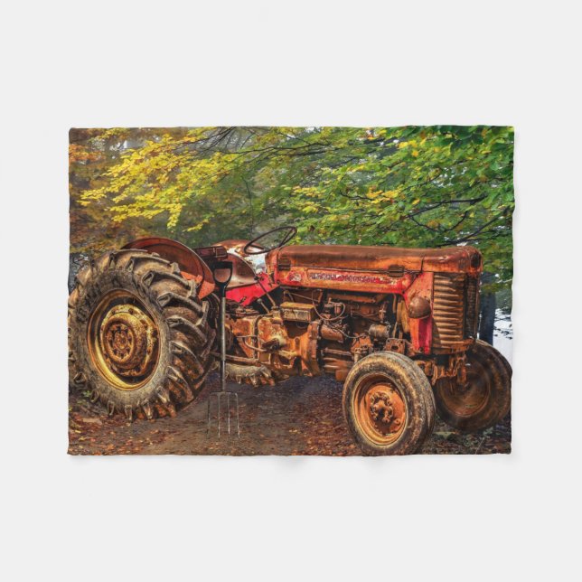 Vintage Red Farm Tractor Fleece Blanket (Front (Horizontal))