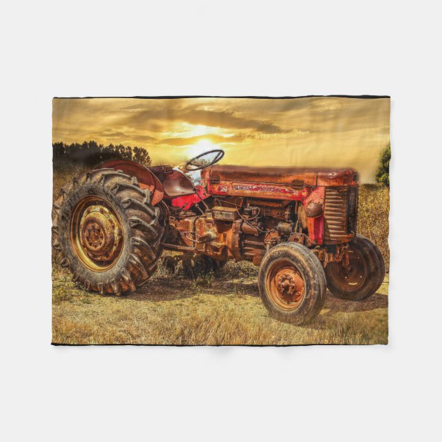 Vintage Red Farm Tractor Fleece Blanket (Front (Horizontal))