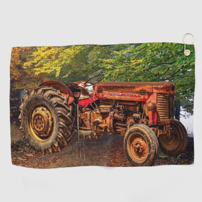 Vintage Red Farm Tractor Golf Towel (Horizontal)