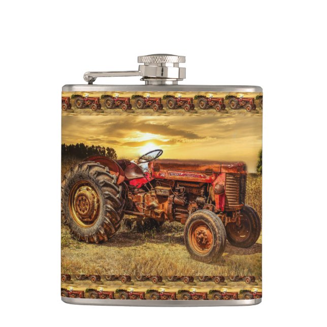 Vintage Red Farm Tractor Hip Flask (Front)