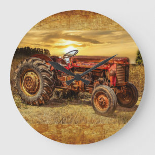 Vintage Red Farm Tractor Large Clock