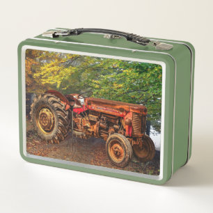 Vintage Red Farm Tractor Metal Lunch Box