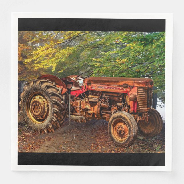 Vintage Red Farm Tractor Napkin (Front)
