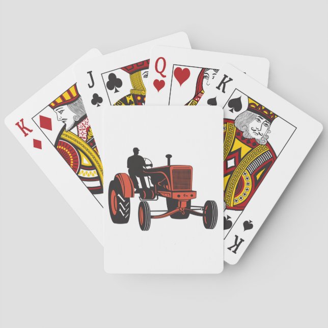 Vintage Red Farm Tractor Retro Farmer Playing Cards (Back)