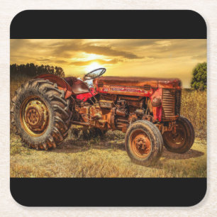Vintage Red Farm Tractor Square Paper Coaster