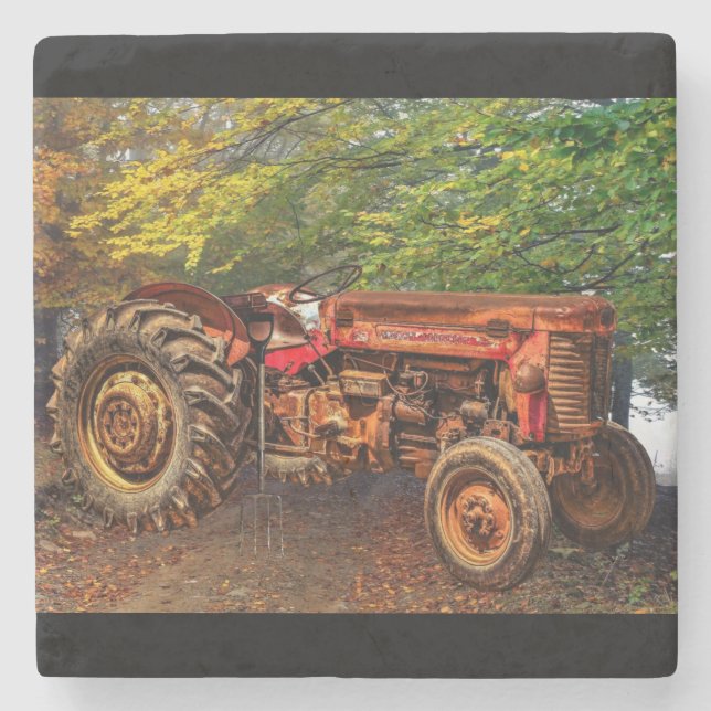 Vintage Red Farm Tractor Stone Coaster (Front)