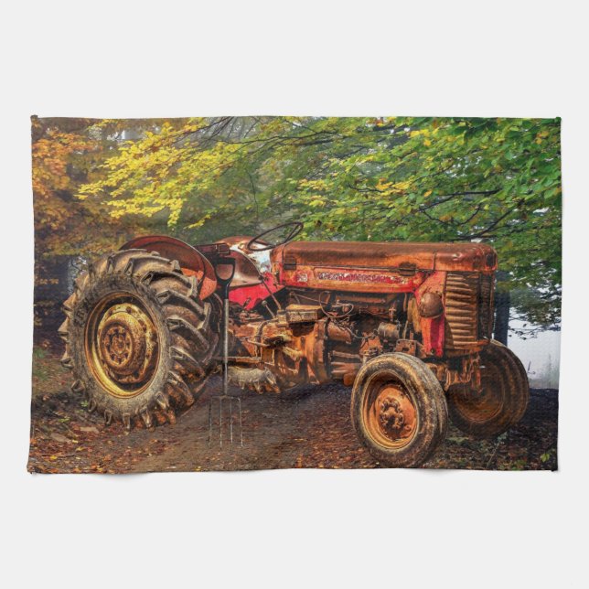 Vintage Red Farm Tractor Tea Towel (Horizontal)