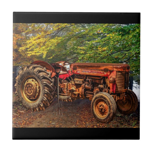 Vintage Red Farm Tractor Tile (Front)
