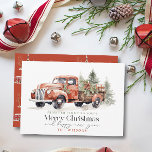 Vintage Red Farm Truck Christmas Tree Holiday Card<br><div class="desc">This cute & festive "Merry Christmas and happy new year" Christmas holiday card features a vintage red farm truck with Christmas trees and holiday decorations in watercolor. The reverse side features a red background with winter village patterns. Personalise it for your needs. You can find matching products at my store....</div>